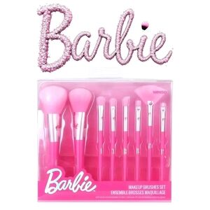 Barbie Makeup Brush Set 8Pc Pink Cosmetic Powder Blush Fan Brush NEW